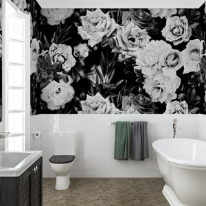 Black and White Rose Wallpaper Peel and Stick, Big Flower Wallpaper, Removable Wall Paper