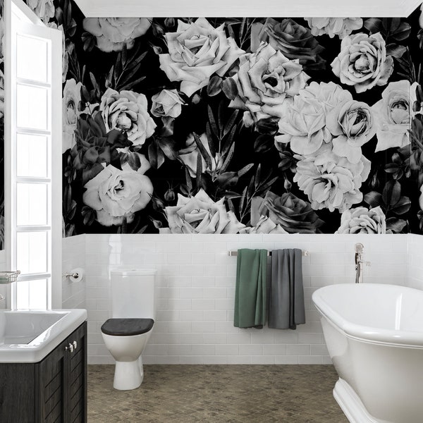 Black and White Rose Wallpaper Peel and Stick, Big Flower Wallpaper, Removable Wall Paper