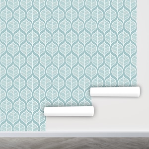 Mcm Wallpaper Peel and Stick, Blue Leaf Wallpaper, Modern Removable