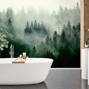 Foggy Forest Wallpaper Peel and Stick, Pine Tree Wallpaper, Landscape Wallpaper, Mountain Wallpaper, Removable Wall Paper