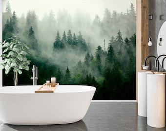 Foggy Forest Wallpaper Peel and Stick, Pine Tree Wallpaper, Landscape Wallpaper, Mountain Wallpaper, Removable Wall Paper