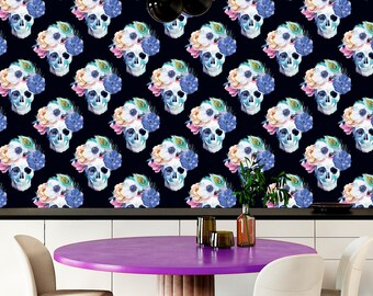 May include: A black and white wallpaper with a repeating pattern of colorful floral skull designs. The wallpaper is in a dining room with a purple table and white chairs.