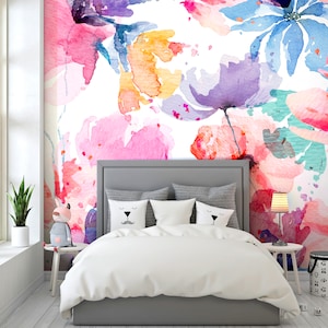 Colorful Wallpaper Peel and Stick, Watercolor Floral Wallpaper, Big Flowers Wallpaper, Removable Wall Paper