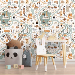 Boys Room Wallpaper Peel and Stick, Village Wallpaper, City Map Wallpaper, Road Wallpaper, Nursery Wallpaper, Removable Wall Paper