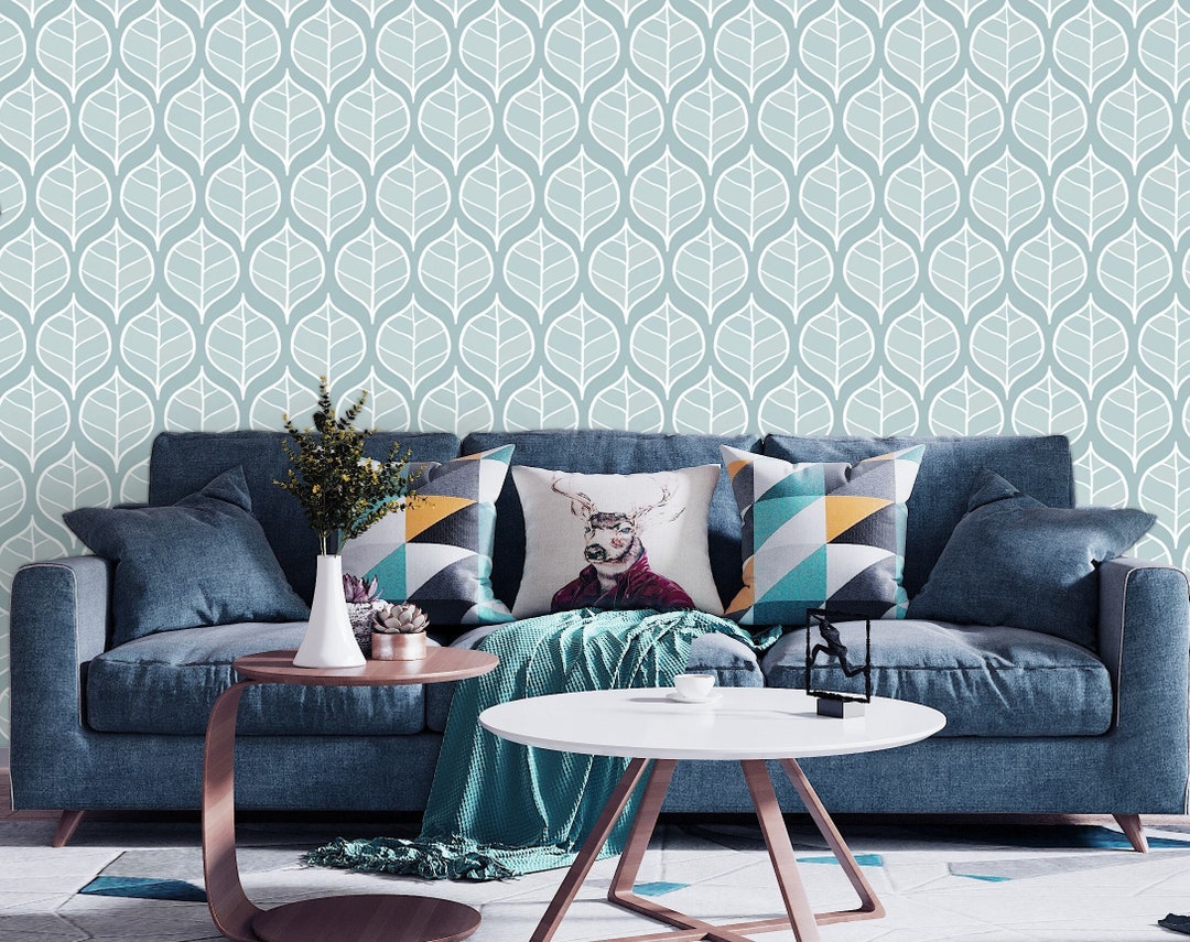 Mcm Wallpaper Peel and Stick, Blue Leaf Wallpaper, Modern Removable