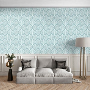 Mcm Wallpaper Peel and Stick, Blue Leaf Wallpaper, Modern Removable