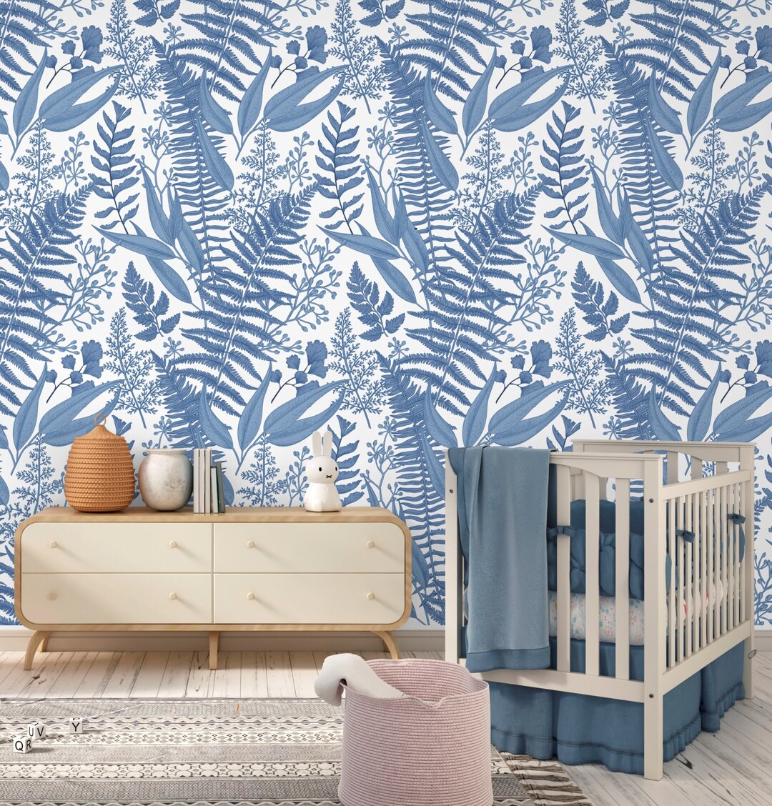Blue Leaf Wallpaper Peel and Stick, Fern Wallpaper, Tropical Leaves