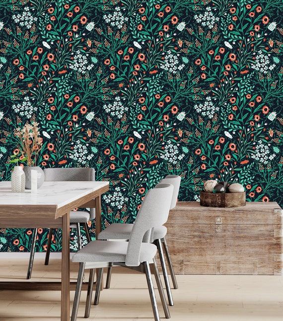 Wildflower Wallpaper Peel and Stick Dark Floral Wallpaper - Etsy