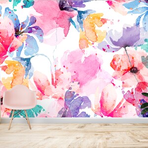 Colorful Wallpaper Peel and Stick, Watercolor Floral Wallpaper, Big Flowers Wallpaper, Removable Wall Paper