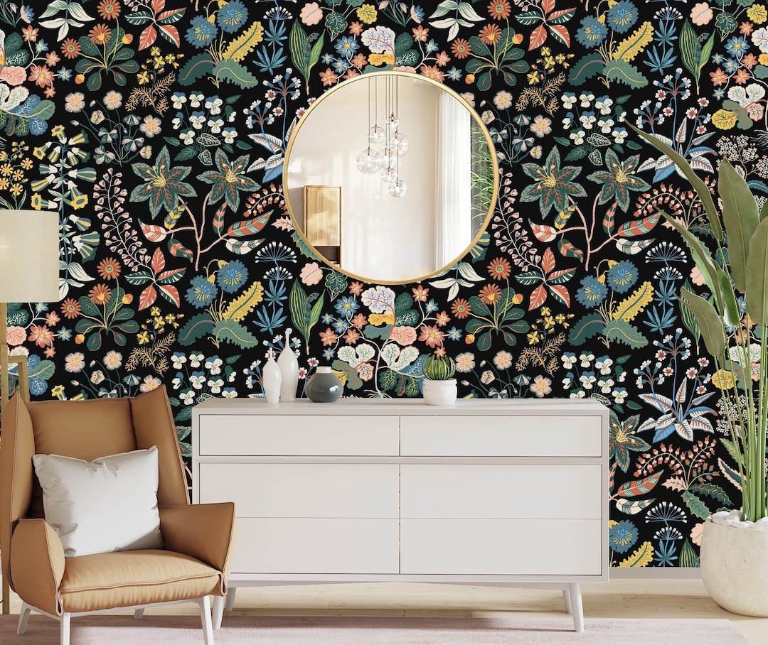 Botanical Wallpaper Peel and Stick, Wildflower Wallpaper, Dark Floral