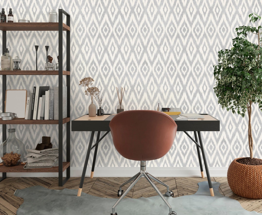 Ikat Wallpaper Peel and Stick, Mcm Wallpaper, Gray Wallpaper, Removable