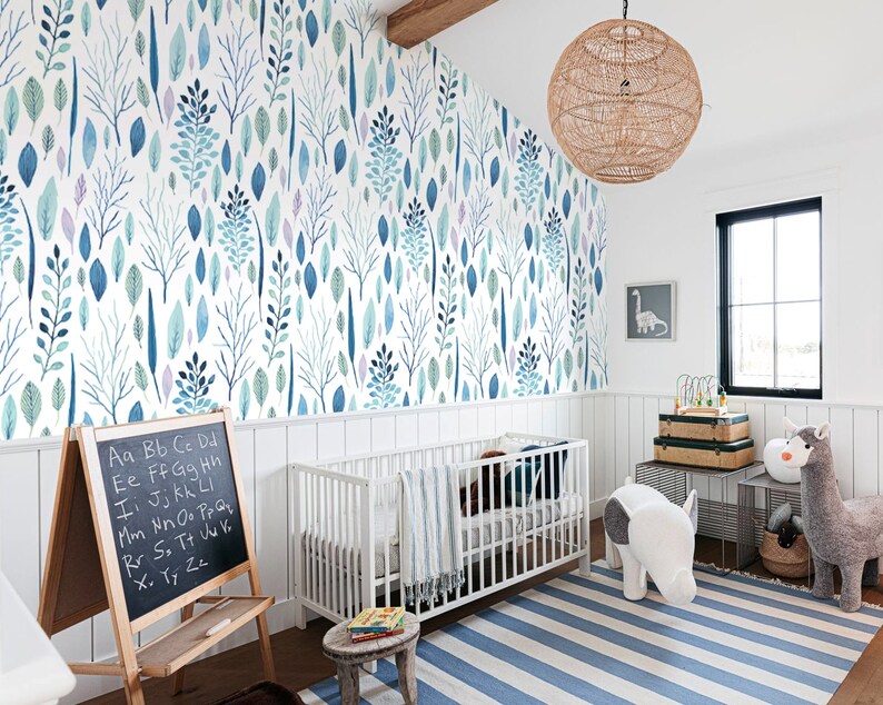 Blue Leaves Wallpaper Peel and Stick Nursery Wallpapers Etsy