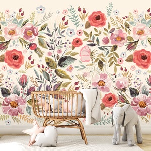 Watercolor Floral Wallpaper Peel and Stick, Beige Wallpaper, Nursery Wallpaper, Removable Wall Paper