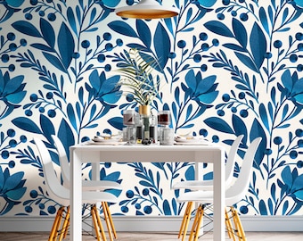 Blue Leaf Wallpaper, Blue Floral Wallpaper Peel and Stick, Tropical Leaves Wallpaper, Nursery Wallpaper, Removable Wall Paper