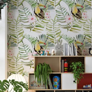 Parrot Wallpaper Peel and Stick, Tropical Floral Removable Wall Paper