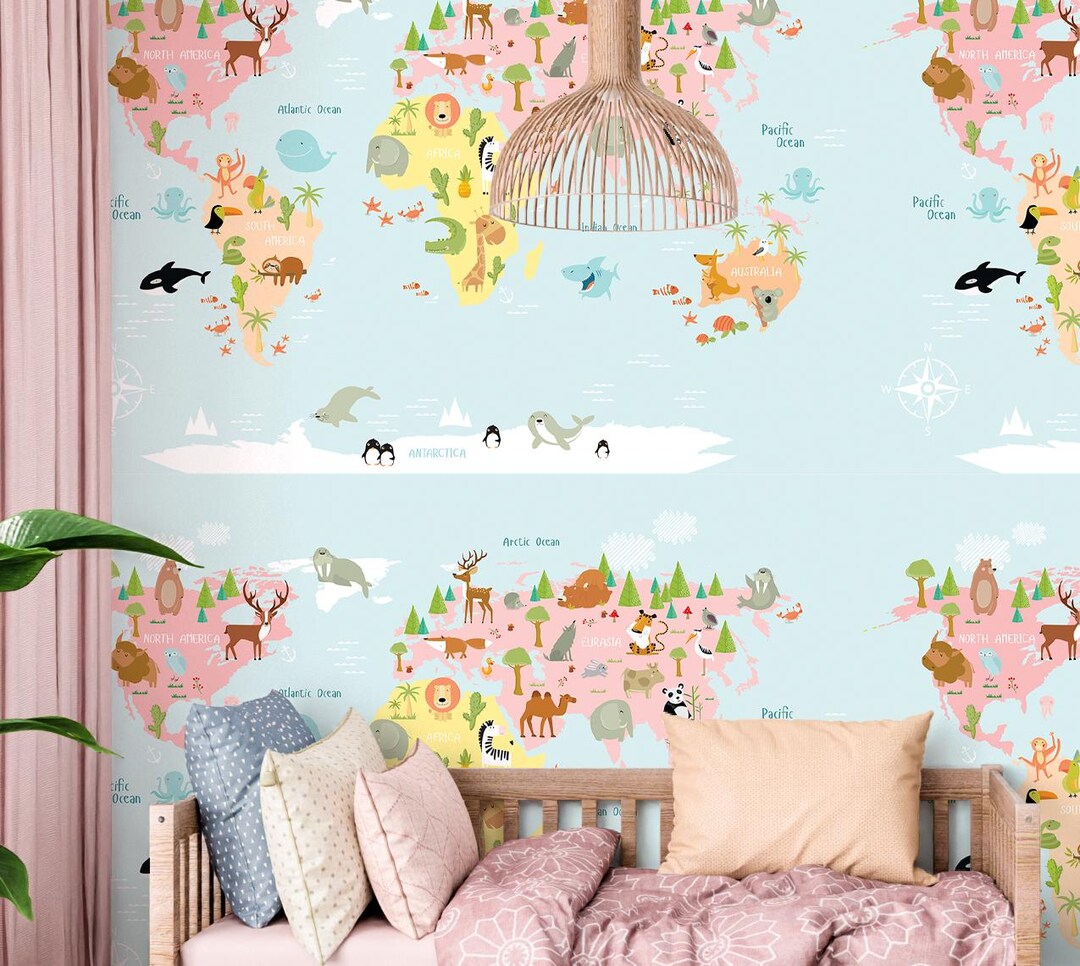 Kids Map Wallpaper Peel and Stick, Animal World Removable Wall Paper - Etsy