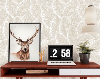 Beige Leaf Peel and Stick Wallpaper: Scandinavian Botanical Removable Wall Paper