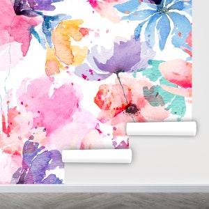 Colorful Wallpaper Peel and Stick, Watercolor Floral Wallpaper, Big Flowers Wallpaper, Removable Wall Paper