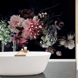 Dark Floral Wallpaper Peel and Stick, Black Rose Wallpaper, Peony Wallpaper, Big Flower Wallpaper, Removable Wall Paper