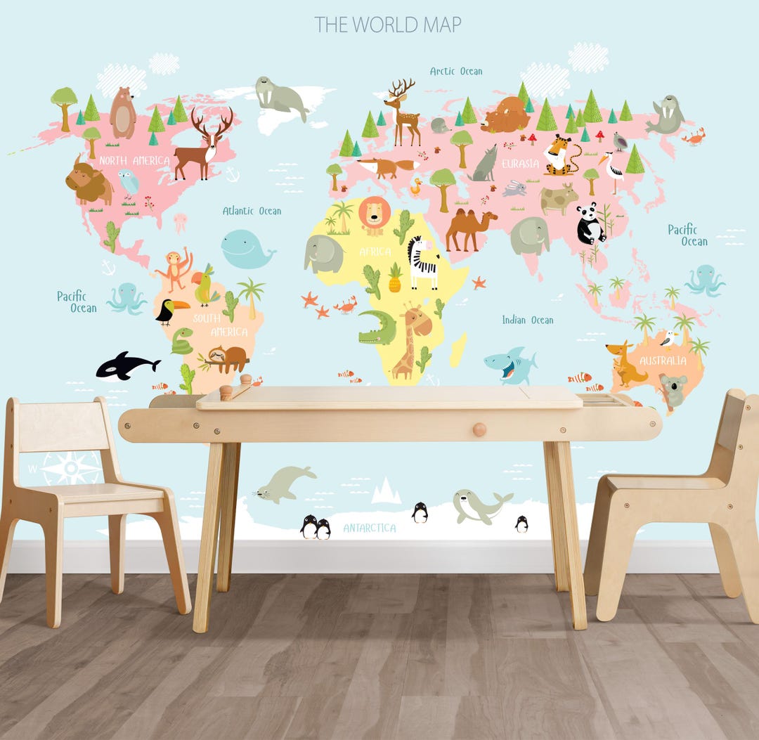 Kids Map Wallpaper Peel and Stick, Animal World Removable Wall Paper - Etsy