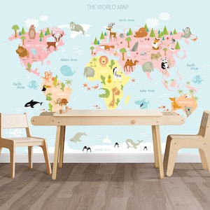 Kids Map Wallpaper Peel and Stick, Animal World Removable Wall Paper