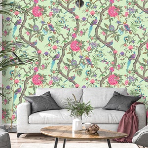 Chinoiserie Peel and Stick Wallpaper: Asian Birds & Garden