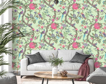 Asian Wallpaper, Chinoiserie Wallpaper Peel and Stick, Birds Wallpaper, Garden Wallpaper, Removable Wall Paper