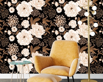 Dark Floral Wallpaper Peel and Stick, Black and White Wallpaper, Big Flower Wallpaper, Peony Wallpaper, Removable Wall Paper