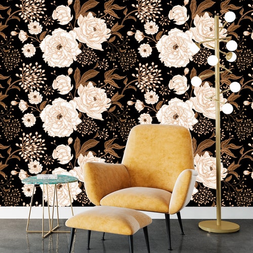 Dark Floral Wallpaper Peel and Stick Black and White Etsy