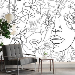 Faces Wallpaper Peel and Stick, Line Art Wallpaper, Black and White Wallpaper, Removable Wall Paper