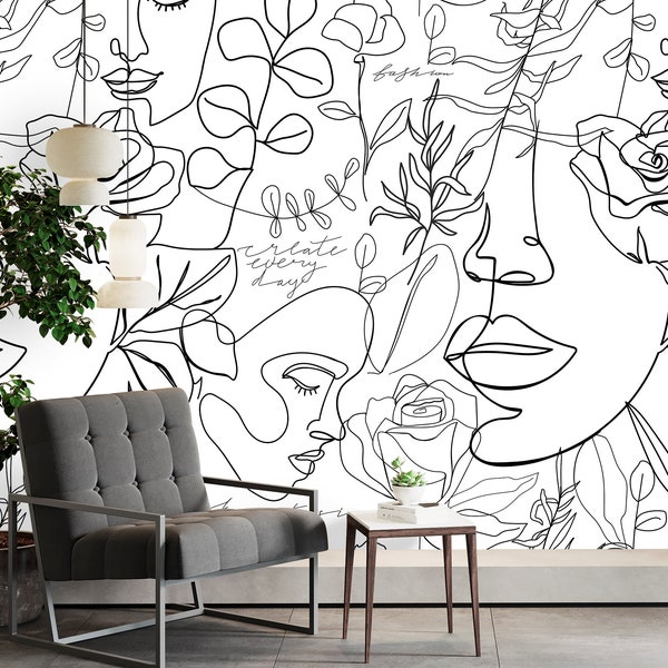 Faces Wallpaper Peel and Stick, Line Art Wallpaper, Black and White Wallpaper, Removable Wall Paper