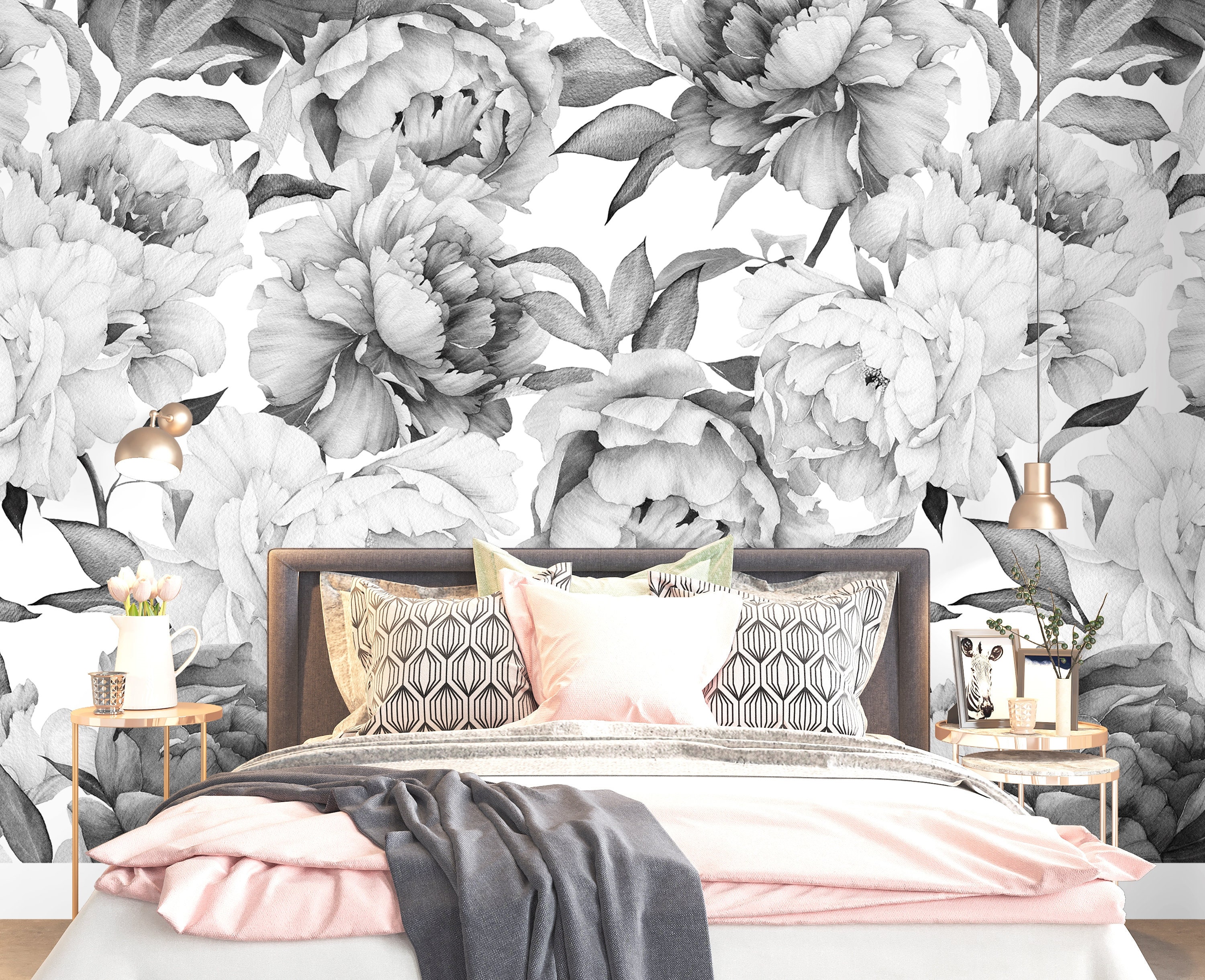 Peony Wallpaper Black and White Wallpaper Peel and Stick, Big Flower ...