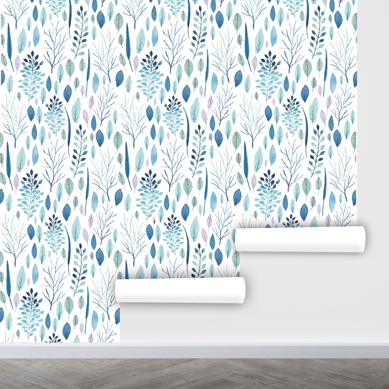 Blue Leaves Wallpaper Peel and Stick Nursery Wallpapers Etsy