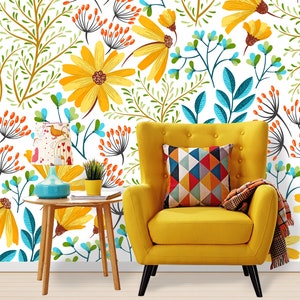 Yellow Floral Wallpaper Peel and Stick, Spring Wallpaper, Wildflower Wallpaper Nursery Wallpaper, Removable Wall Paper