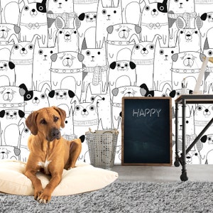 Dog Wallpaper Peel and Stick, Puppy Wallpaper, Black and White Wallpaper, Removable Wall Paper