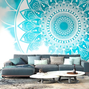 Teal Mandala Peel and Stick Wallpaper: Meditation Decor