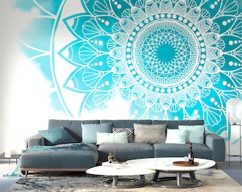 Teal Mandala Peel and Stick Wallpaper: Meditation Decor