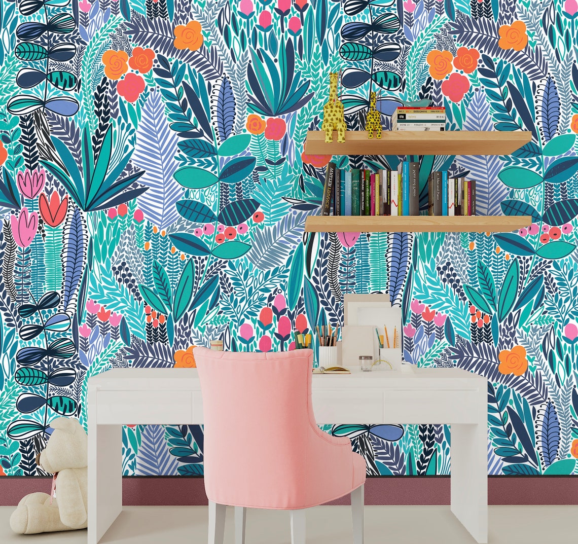 Mint Green Wallpaper Peel and Stick Teal Wallpaper Tropical Etsy