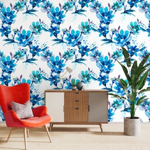 Blue Floral Wallpaper Peel and Stick, Watercolor Wallpaper, Blue and White Wallpaper, Removable Wall Paper