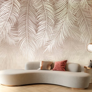 Feather Wallpaper Peel and Stick, Beige Wallpaper, Boho Wallpaper, Removable Wall Paper