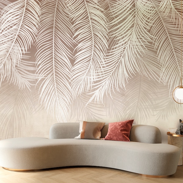 Feather Wallpaper Peel and Stick, Beige Wallpaper, Boho Wallpaper, Removable Wall Paper