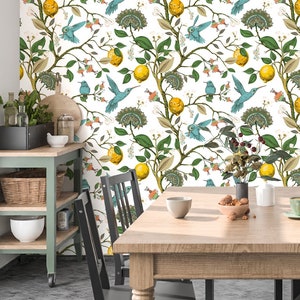 Hummingbird Wallpaper Peel and Stick, Lemon Wallpaper, Citrus Wallpaper, Tropical Wallpaper, Removable Wall Paper