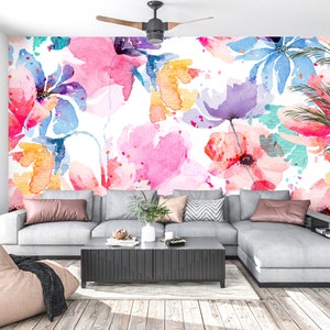 Colorful Wallpaper Peel and Stick, Watercolor Floral Wallpaper, Big Flowers Wallpaper, Removable Wall Paper