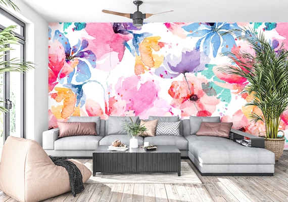 Colorful Wallpaper Peel and Stick, Watercolor Floral Wallpaper, Big Flowers Wallpaper, Removable Wall Paper