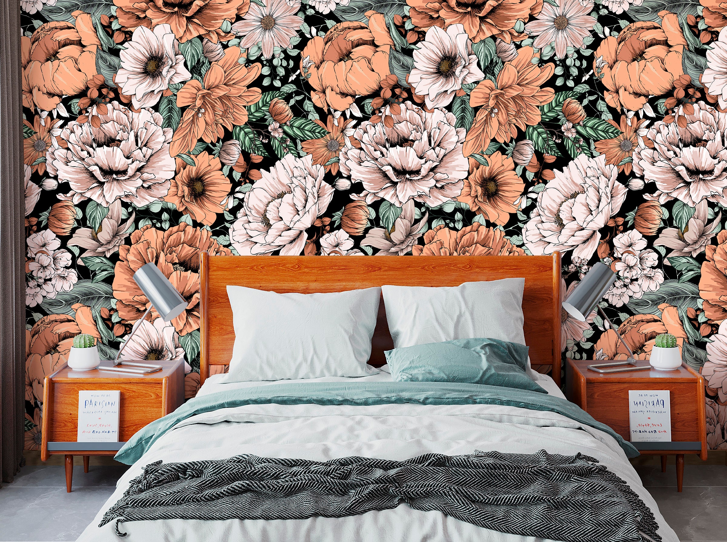 Rust Floral Wallpaper Peel and Stick, Peony Wallpaper, Big Flower ...