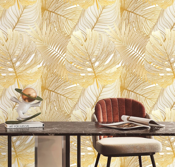 Gold Leaf Wallpaper Peel and Stick Palm Leaf Wallpaper Etsy