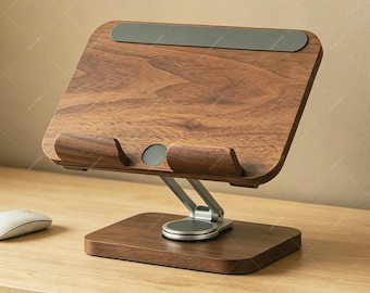 Wood Phone & Tablet Stand | Adjustable Foldable iPad Holder | Rotating Desk Stand