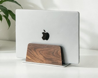 Vertical Laptop Stand MacBook & iPad | Wooden Aluminum Desk Organizer | Space Saving Stand
