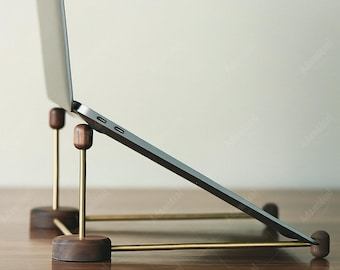 Walnut Laptop Stand: Solid Wood Vertical Desk Riser, Cooling Support Holder