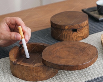 Handcrafted Wooden Ashtray with Lid, Vintage Zen Style Solid Wood Ashtray